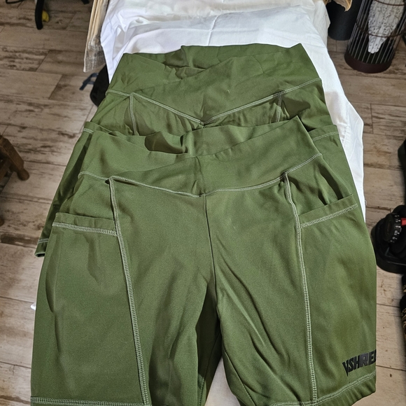 2 Pairs Olive Green Women's Athletic Shorts - Picture 3 of 11